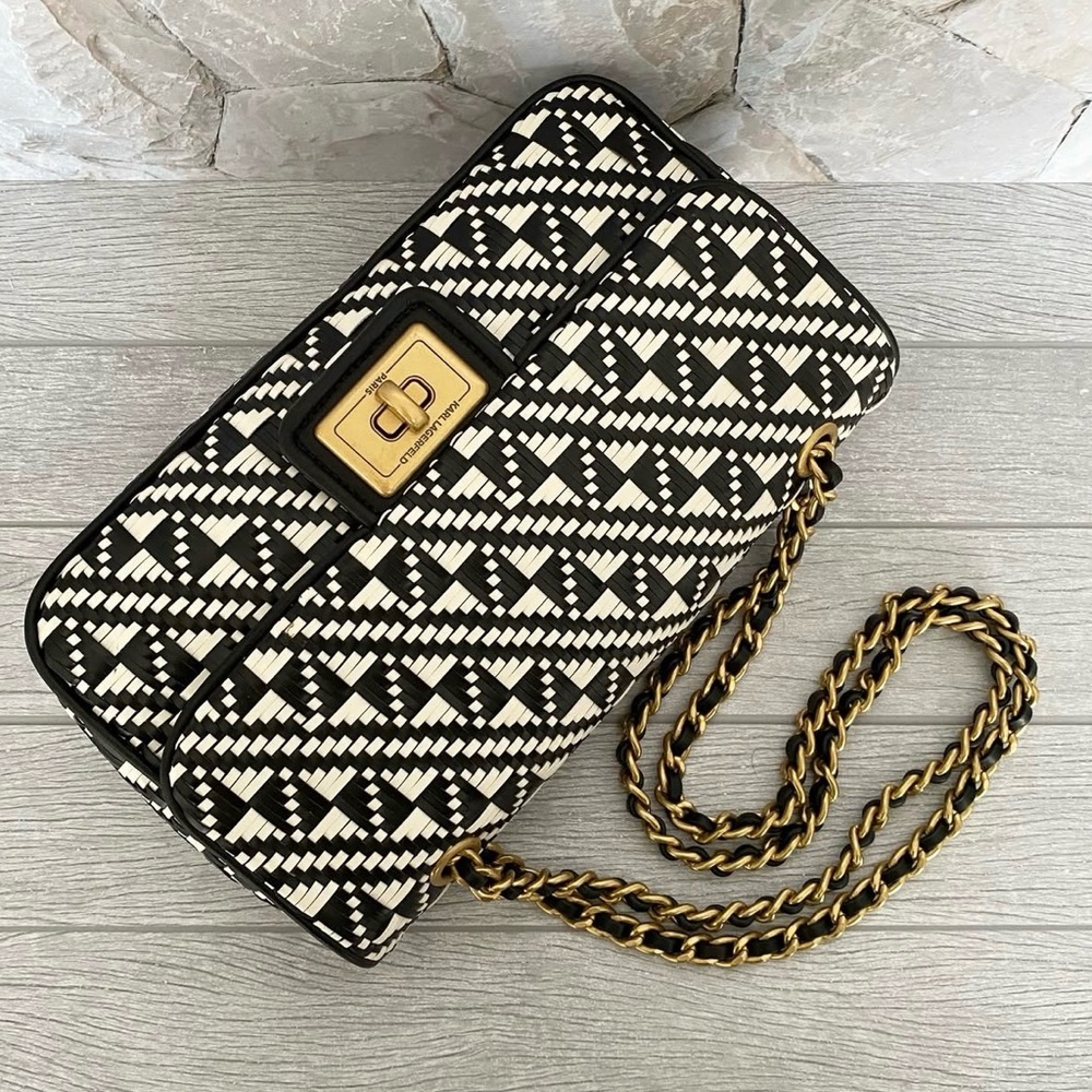 Karl Lagerfeld Black & White Geometric Woven Chain Shoulder Bag - Picture 8 of 9